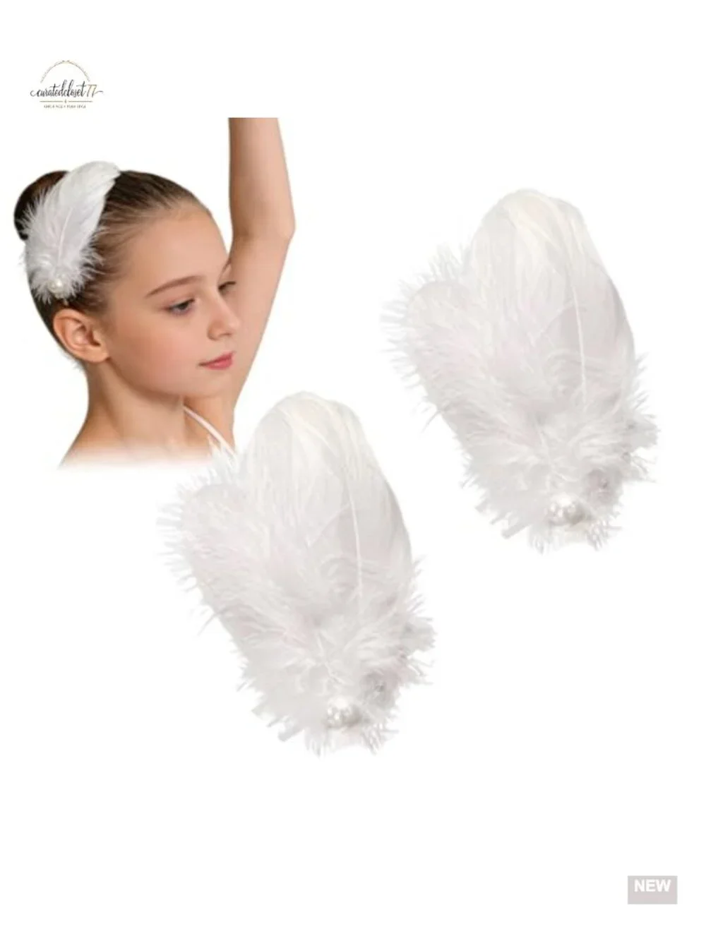 White Feather Hair Clip Set - Ballet Style Swan Faux Pearl Hair Pins for